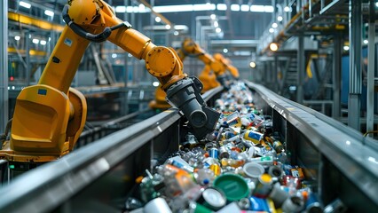 Robotic arms sort recyclables in automated recycling facility blending tech and sustainability. Concept Robotic Recycling, Automation Technology, Sustainable Solutions, Waste Management