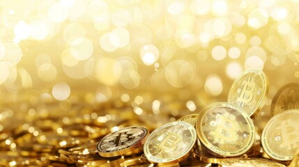 Bitcoin gold coins with blurred chart background, ideal for illustrating financial concepts