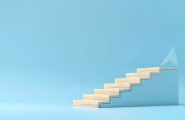 3d rendering of wood stairs on blue background with arrow up, business growth concept