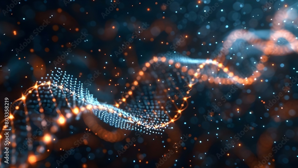 Poster abstract musicthemed 3d rendering of dna network with sound wave visualization. concept abstract art