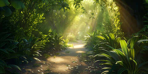 Sunlit Path of Nature Journey Through forest mystical forest with fairies and magical creatures hidden among the trees beam of light in the path of the magic forest