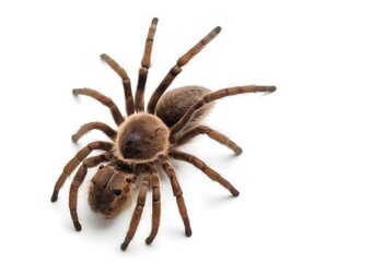 A large tarantula spider with hairy legs and body, resting on a white background