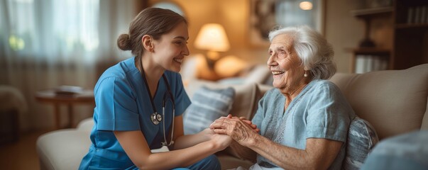 Caring nurse holds elderly woman's hand