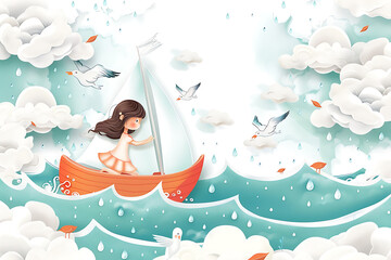 girl sailing boat in the sea, waves and gulls around, illustration book picture style, adventure travel story background, concept of fairytale, kid wallpaper © AnnaN