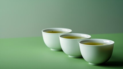 Obraz na płótnie Canvas A minimalist composition of three white porcelain cups, each in varying stages of being filled with green tea, against a matcha green background.