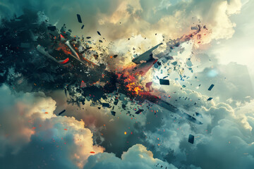 Abstract airplane shattering in surreal sky