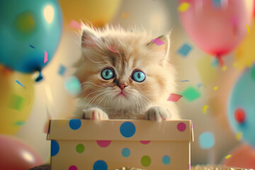 Chubby Kitten in Gift Box, Birthday Celebration Concept