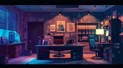 Noir Detective Office Dark Room for Crime Investigation - Vector Illustration