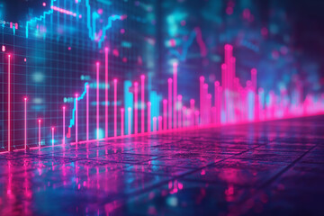 Fototapeta premium Neon lit financial analytics represented by peaks and valleys in a digital landscape, symbolizing the highs and lows of economic performance and market speculation.
