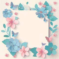 3D paper cut style frame with pastel colored flowers and butterflies around the square 