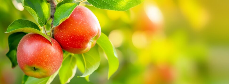 Fruit banner with branch with natural, farm, red apples on blurred background of apple orchard in golden hour. Concept organic, local, season fruits and harvesting. Healthy food. Copy space