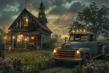 Fototapeta premium Rustic Temple with Vintage Truck on Fourth of July