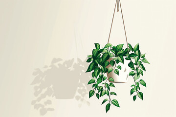 A potted plant suspended from a sturdy rope, with lush leaves cascading downwards.