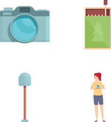 Tourism icons set cartoon vector. Woman with tourist equipment. Active lifestyle - obrazy, fototapety, plakaty