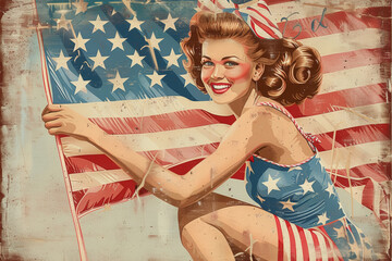 Vintage Independence Day Card with Pin-Up Girl