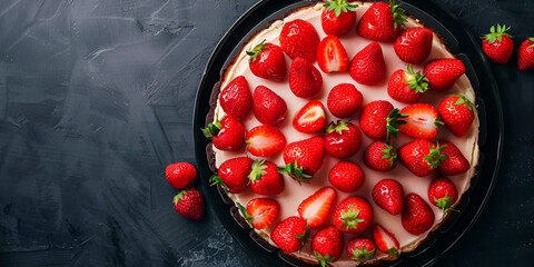 Tasty strawberry pie on dark background with space for text overhead view flat lay of whole cheesecake dessert topped with fresh berries with copy space