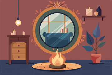 round mirror with a distressed frame hanging above a cozy fireplace, adding warmth to the room