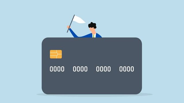 Credit card debt compromise, 4k animation of bankrupt man surrenders his position and waves the white flag behind large credit card debt.