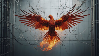 The image shows a bird with red and yellow feathers.