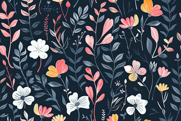 Seamless pattern featuring a variety of colorful flowers and scattered green leaves on a dark background. Ideal for fabric prints, wallpaper, and wrapping paper.