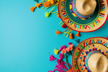 Two colorful straw sombrero hats with tassels rest on a vibrant blue background. Perfect for Cinco de Mayo greetings or party invitations.