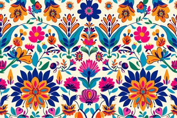 Мibrant seamless pattern featuring colorful Mexican flowers and leaves on a white background. Perfect for fabric design, gift wrap, and other creative projects.