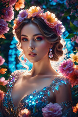 An image of a beautiful woman, dressed in an ethereal gown andadorned with flowers, standing at the center of a lush garden.