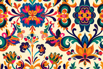 Dazzling seamless pattern featuring colorful flowers and geometric shapes on a sunny yellow background. Perfect for fabrics, stationery, and other creative projects.