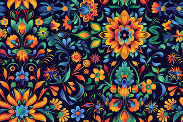 Vibrant seamless pattern featuring colorful flowers and leaves on a dark blue background. Perfect for fabric design, wrapping paper, and other creative projects.