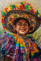 A vertical drawing of a happy young Mexican youth appears in an image for the Day of the Dead or All Saints' Day. Dressed in a mesmerizing ensemble