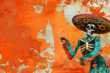 Dancing skeleton in a suit and sombrero against the background of an old house wall, idea for a poster for the day of the dead, traditional Mexican holiday