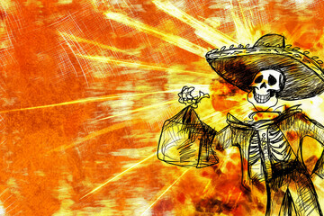 Poster with a skeleton in a sombrero on an orange background, an idea for a postcard for the Day of the Dead and All Saints Day, an idea for an invitation to a traditional festival