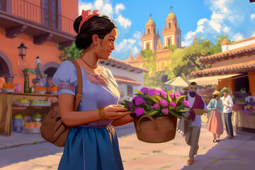 Drawing of a young woman on the town square with a basket of flowers to decorate the house for the Day of the Dead and All Saints Day
