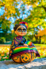 Poster with a doll in a Day of the Dead costume, 3D illustration for a traditional Mexican holiday