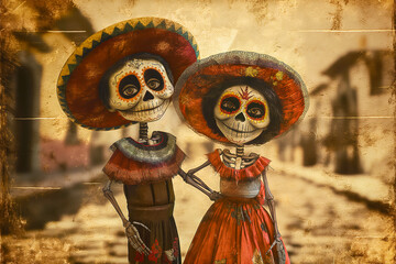 Postcard with drawing of young happy mexican boy and girl in Day of the Dead costumes, retro style postcard