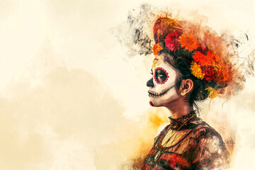 Drawing of a young Mexican woman appears in a Day of the Dead and All Saints' Day outfit, dressed in a mesmerizing ensemble, copy space for text