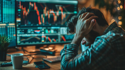 Trader or Broker Desperately Clutching His Head While Analyzing Trading Data on Screens. Business and trade concept. Imaged generated by IA