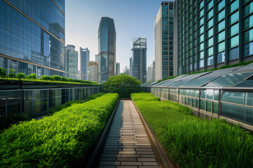 urban farming concept, sleek skyscrapers reaching toward a clear sky, their rooftops transformed into lush gardens