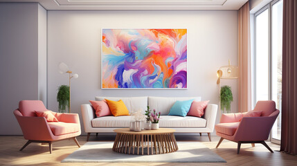 A cheerful and happy mood living room idea of home decor design with a colorful abstract painting art wall hanging picture, presenting a luxurious and vibrant mockup idea