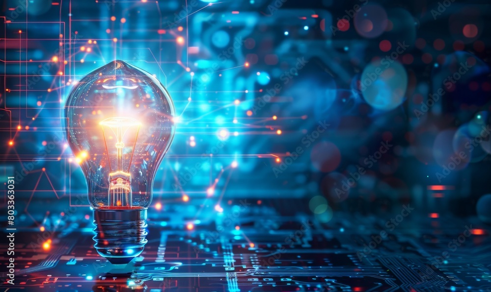 Poster light bulb with digital technology and business concept on blue background, illustration of innovati