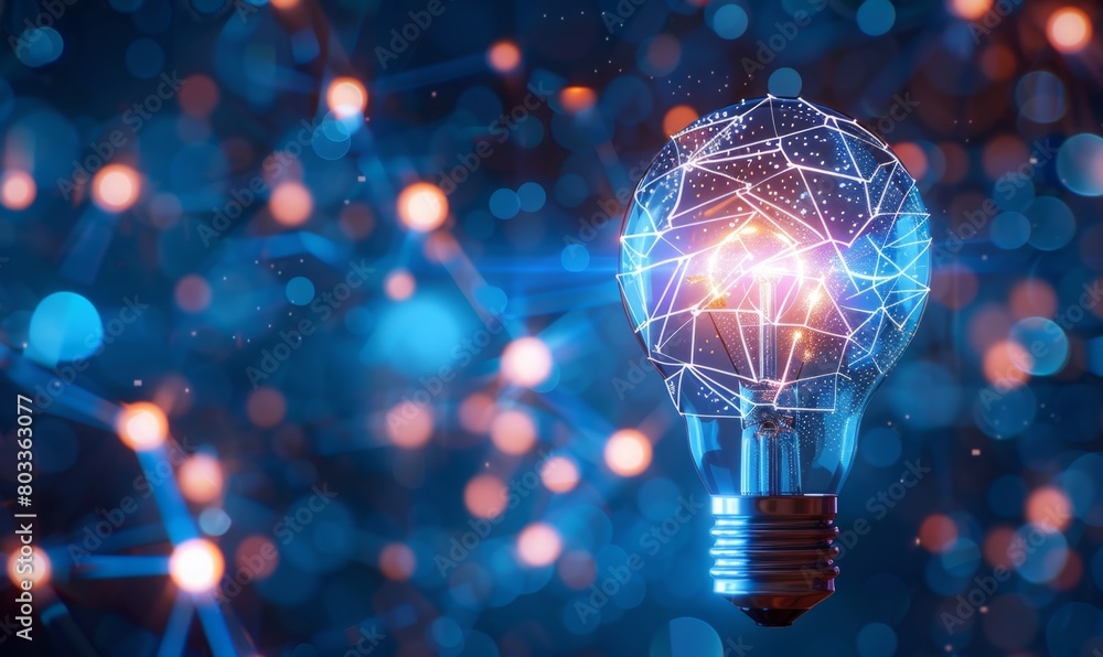 Poster a light bulb with an intricate digital illustration of technology inside, symbolizing innovation and
