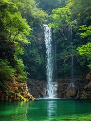 Tranquil waterfall in lush green forest - A scenic, serene waterfall cascades into a crystal clear pool surrounded by vibrant green foliage and rocky cliffs