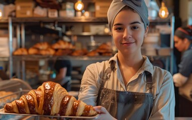 A female baker holds a freshly baked croissant in a bakery 