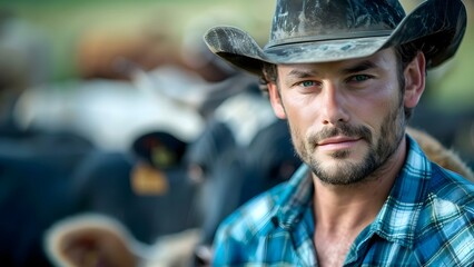 Confident cowboy standing in front of cows: a typical rancher or cowboy scene. Concept Rancher, Cowboy, Cows, Western Lifestyle, Confidence