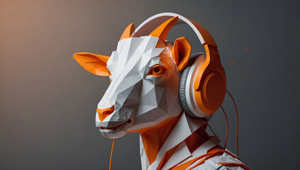 This is a 3D rendering of a white and orange goat wearing headphones.

