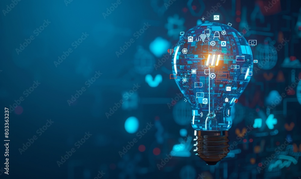 Poster a light bulb with digital icons inside, representing innovation and technology in business generativ