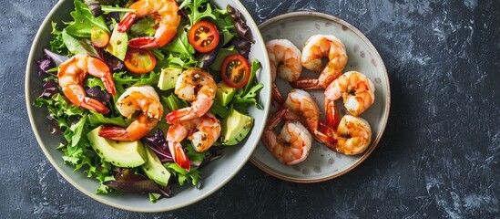 Salad with avocado and shrimp in a bowl, viewed from the top, with space for text placement.