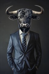 A bull in a suit and tie, standing upright with an intense gaze