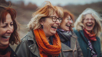groupe de femmes soixantenaire qui rigolent ensemble en extérieur