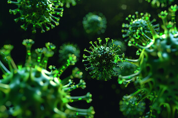 green virus cells in a dark background - obrazy, fototapety, plakaty